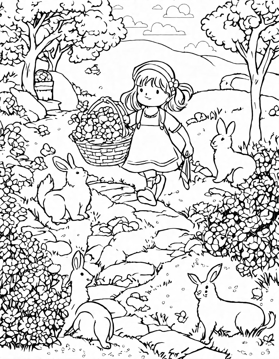 kids and animals hunt for the golden egg in a lush easter garden on a coloring book page in black and white
