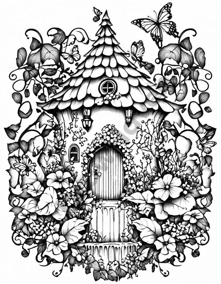 Coloring book image of ethereal fairy cottage in a lush forest, adorned with vines, delicate petals, and butterflies. a gentle stream babbles nearby in black and white