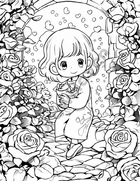 Coloring book image of dawn light in the enchanted rose garden with colorful, dew-kissed roses and cobblestone paths in black and white