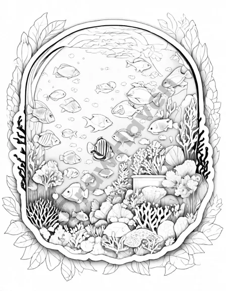 Coloring book image of underwater observatory dome with panoramic ocean view, schools of fish, and sea turtles in black and white