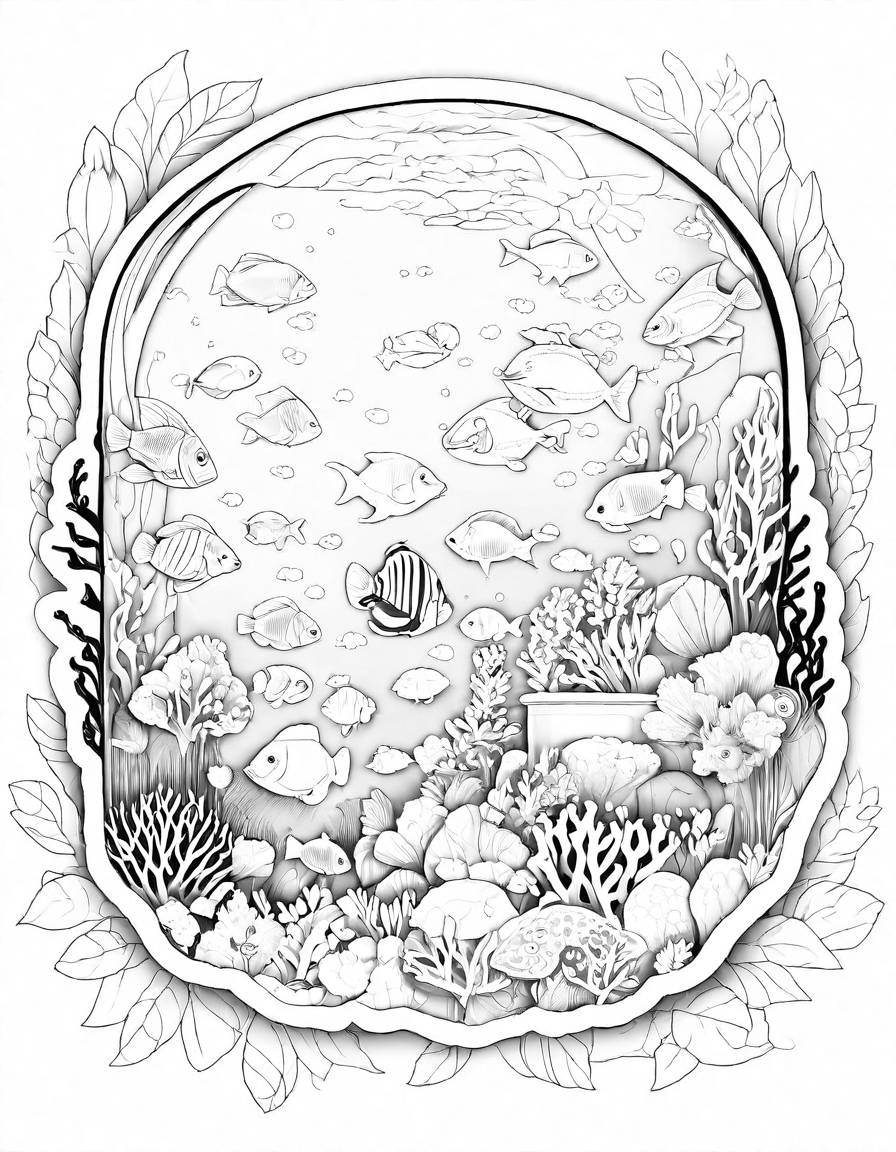Coloring book image of underwater observatory dome with panoramic ocean view, schools of fish, and sea turtles in black and white