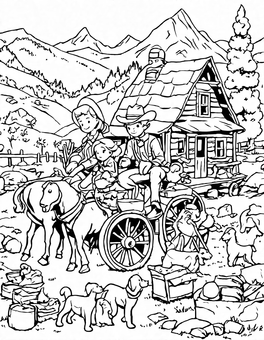 coloring page of pioneer life in the wild west with a cowboy, cowgirl building a cabin, and detailed frontier scene in black and white