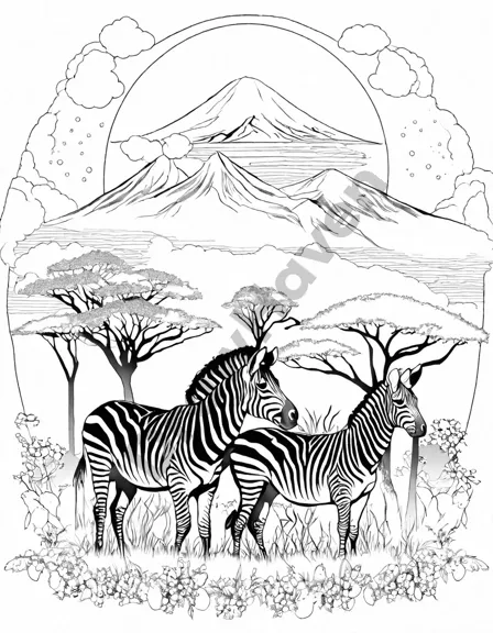 coloring page of the great migration with zebras, wildebeests, and gazelles on african savannah in black and white