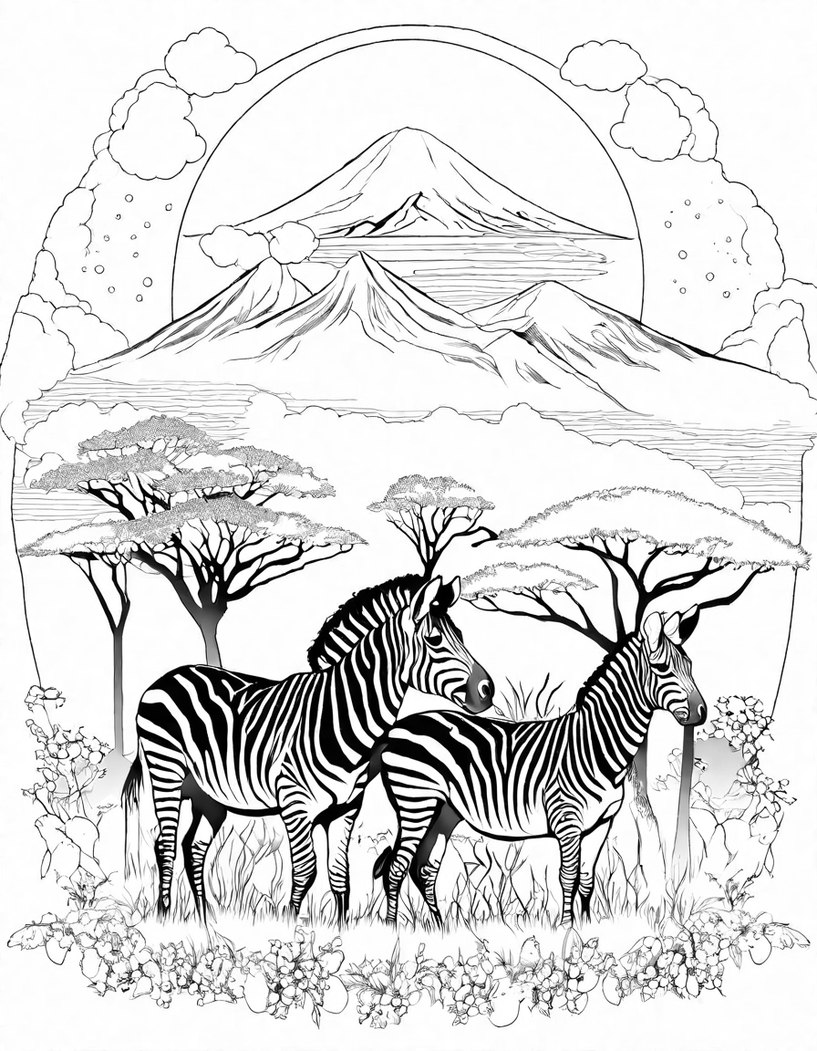 coloring page of the great migration with zebras, wildebeests, and gazelles on african savannah in black and white