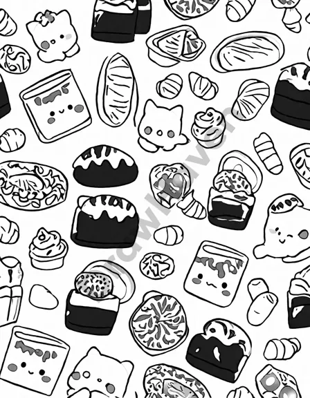 intricate pastry coloring sheet with pastries of various shapes and sizes, adorned with detailed patterns and warm hues of butter and chocolate in black and white