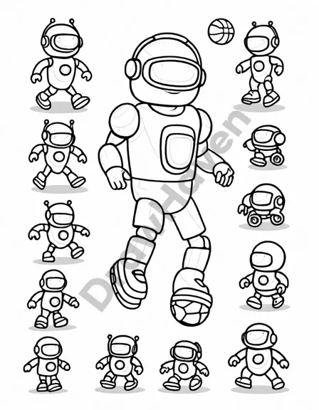 coloring book page featuring robots playing various sports with detailed equipment in black and white