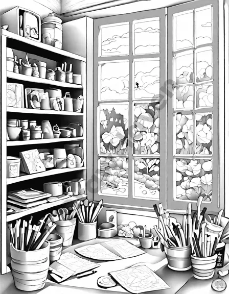 Coloring book image of colorful classroom with diverse students painting and art supplies scattered under sunlight in black and white