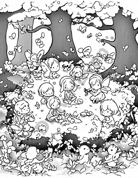 Coloring book image of enchanting fairy circle under ancient oak tree with glowing fairies, moss, flowers, and shimmering portal. perfect for magical fantasy enthusiasts in black and white