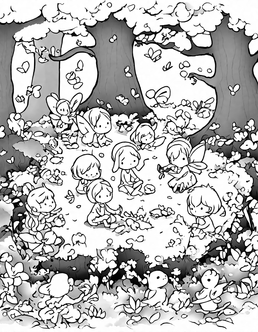 Coloring book image of enchanting fairy circle under ancient oak tree with glowing fairies, moss, flowers, and shimmering portal. perfect for magical fantasy enthusiasts in black and white