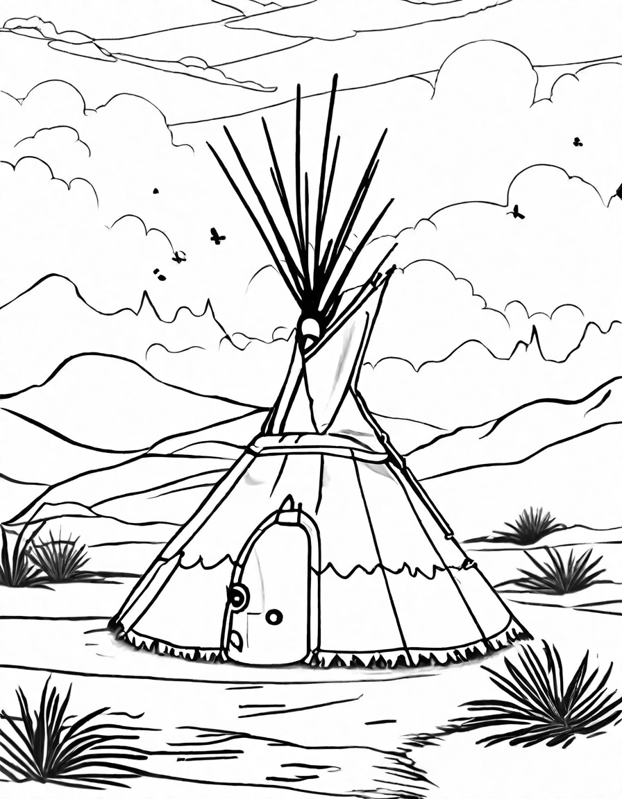 Coloring book image of ornate teepees with intricate designs and patterns on a sunlit plain, representing native american artistry and storytelling traditions in black and white