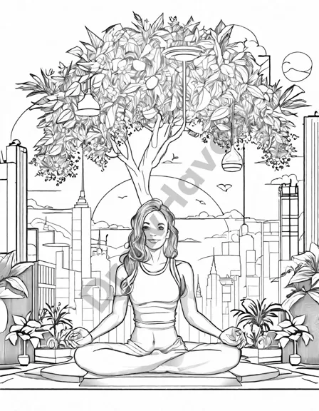 yogi in tree pose on urban rooftop coloring book page, blending tranquility with cityscape vibes in black and white