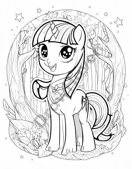twilight sparkle in the enchanted forest coloring page with magical sparkles and mystical creatures in black and white