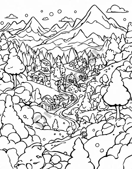 coloring book scene of magical gumdrop mountains with sugary peaks, candy creatures, and a licorice path in black and white