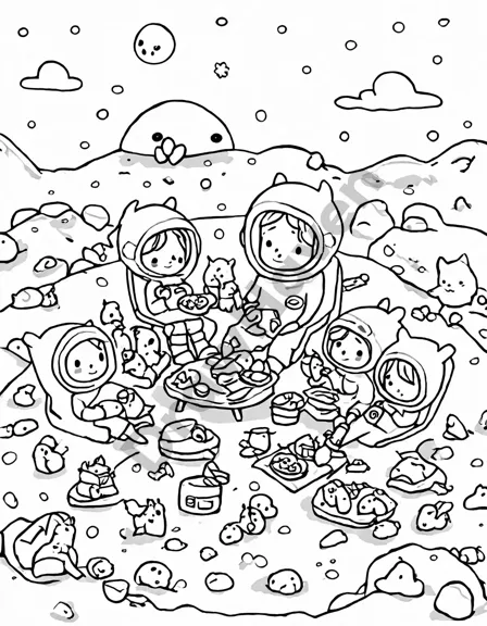 coloring page of an alien family picnic on the moon with spaceship and meteorites in black and white