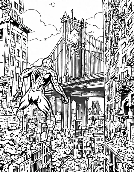 spiderman and his arch-nemesis clash on brooklyn bridge in an intricate coloring book page in black and white