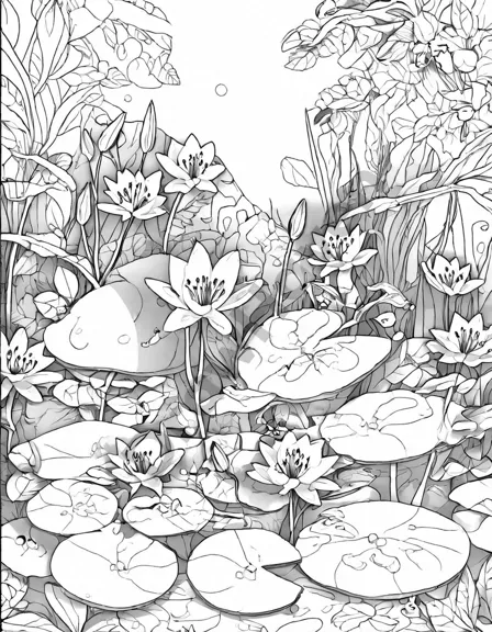 Coloring book image of tiny ladybird finds sanctuary beneath a lily's broad leaves in a magical secret garden in black and white