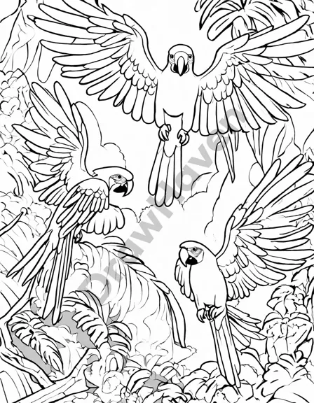 scarlet macaws flying over rainforest for a coloring book scene in black and white