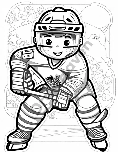 coloring book page of a hockey player dodging defenders with a goalie ready to block in black and white