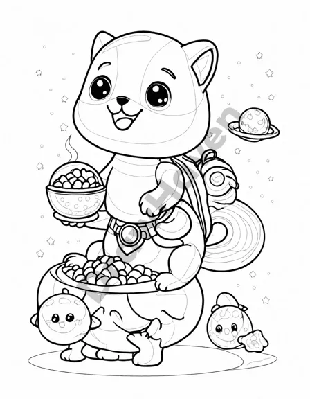 children coloring whimsical alien pets in a creative book page with accessories in black and white