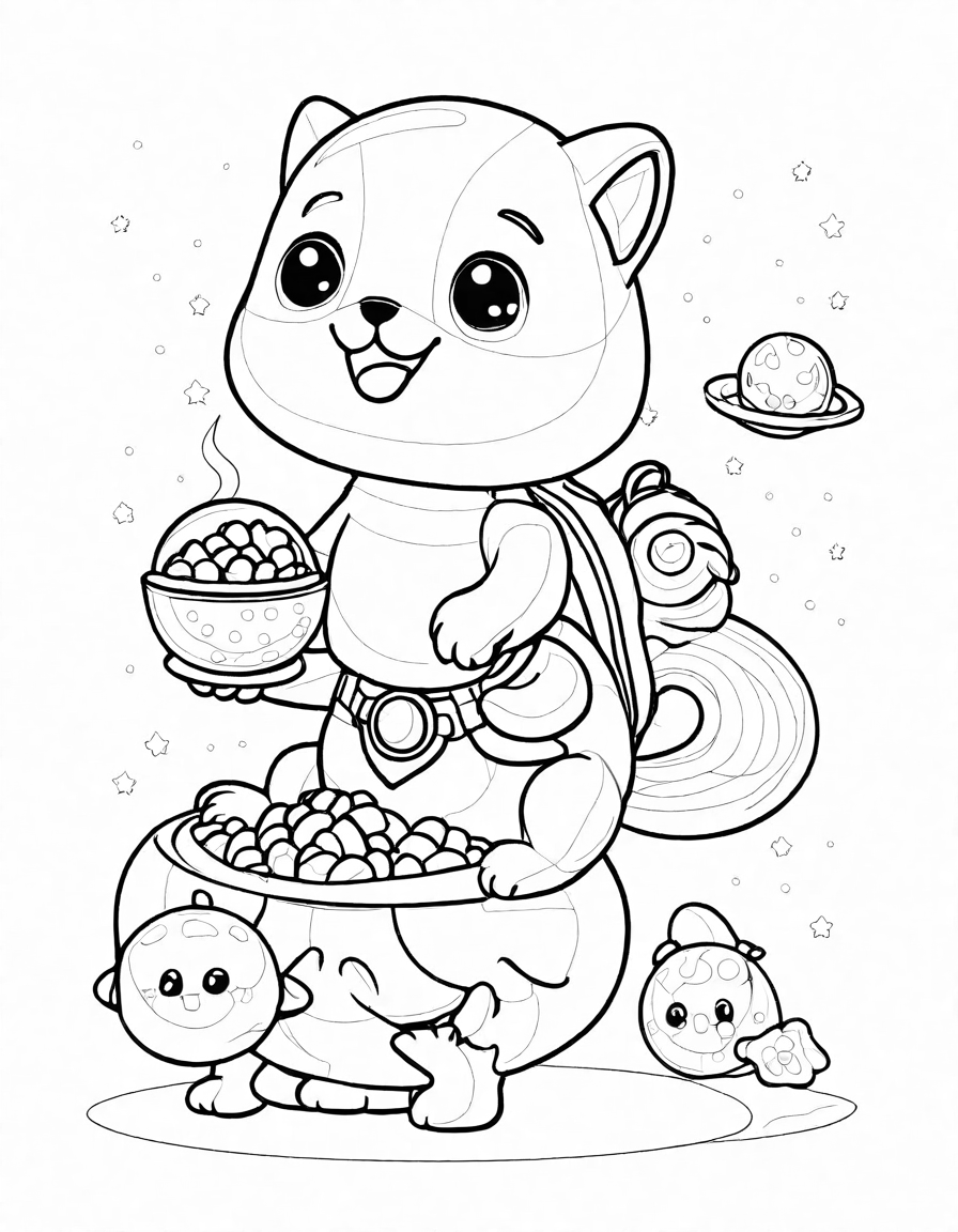 children coloring whimsical alien pets in a creative book page with accessories in black and white