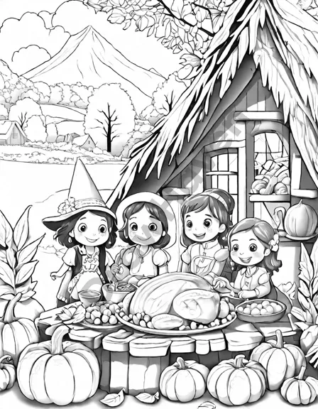 coloring page depicting the first thanksgiving with pilgrims and natives sharing a feast in black and white