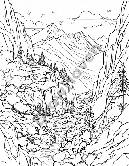 Coloring book image of colorable mountain range scenery with rugged peaks, flowing slopes, and hidden crevices in black and white