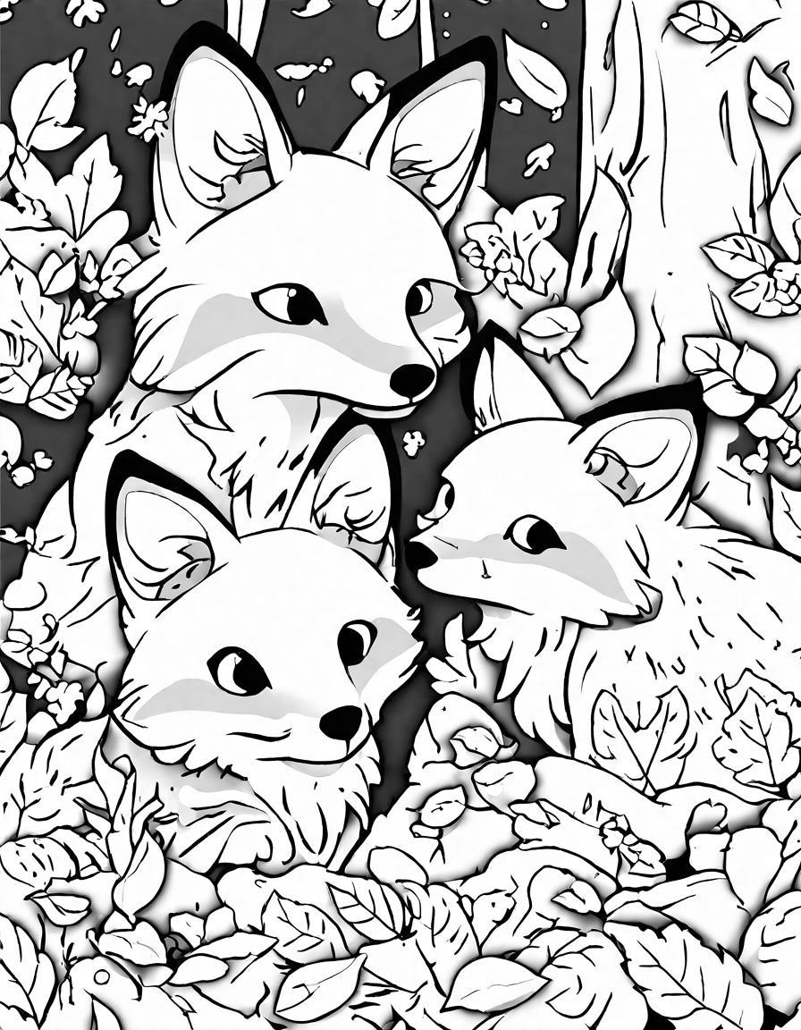 family of foxes on a twilight hunt in a magical forest, perfect for a coloring book scene in black and white