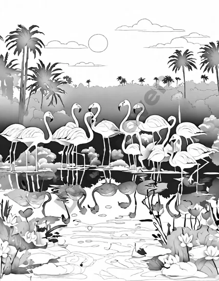 coloring book page of flamingo families by water with reflections and sunset background in black and white