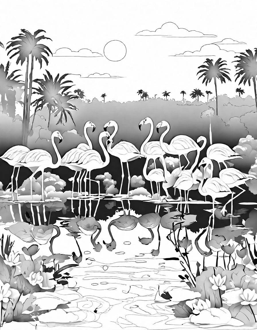 coloring book page of flamingo families by water with reflections and sunset background in black and white