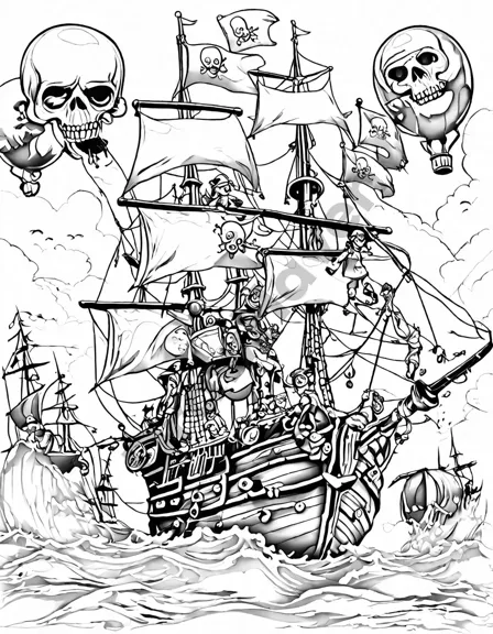 pirate ship birthday adventure coloring page with kids in bandanas around treasure chest in black and white