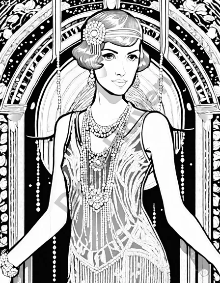vibrant flapper dresses coloring page from the roaring 20s, featuring iconic sequined designs and 1920s fashion details in black and white