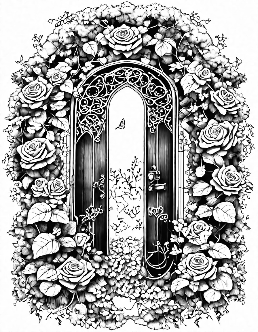 Coloring book image of enchanted garden door hidden by willow branches, ivy, and roses, inviting to a secret world in black and white
