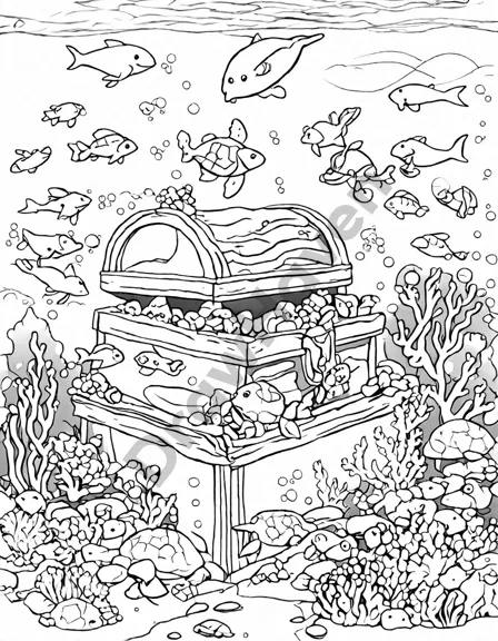 coloring page featuring serene ocean scene with corals, marine life, a sea turtle, and a treasure chest in black and white