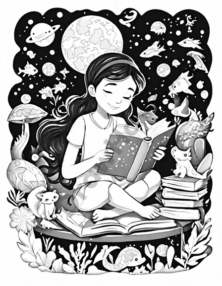 coloring page of children imagining adventures while librarian reads a story in black and white