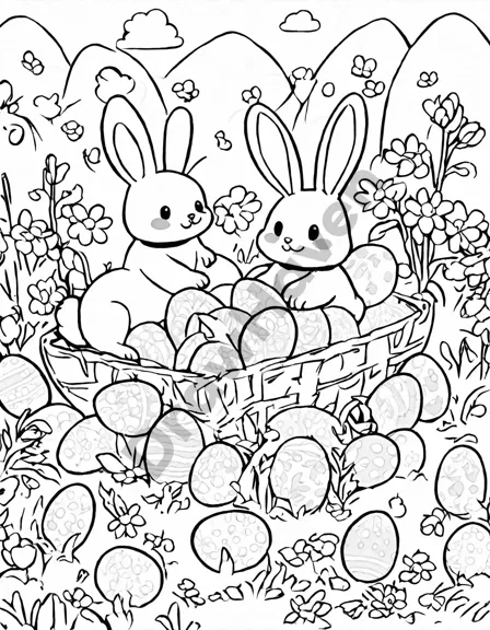 Coloring book image of children and bunnies search for easter eggs in a sunlit garden on an easter egg hunt adventure in black and white