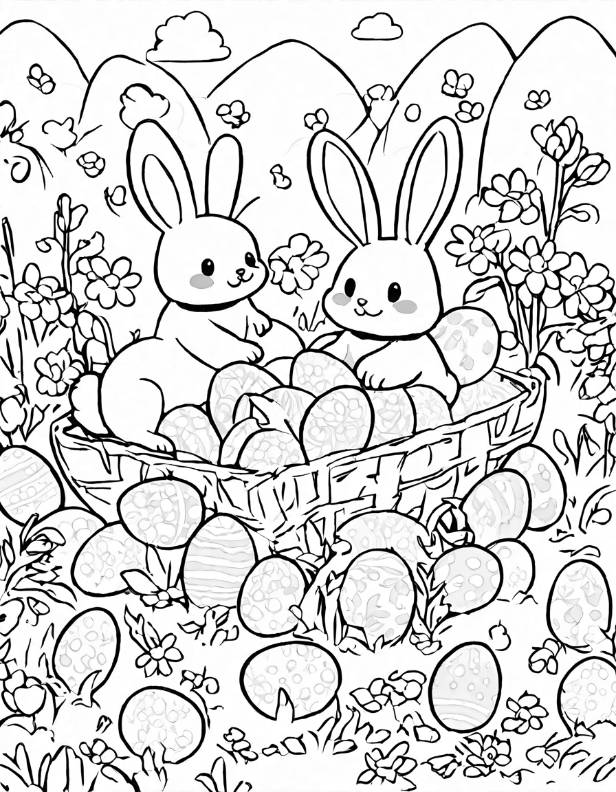 Coloring book image of children and bunnies search for easter eggs in a sunlit garden on an easter egg hunt adventure in black and white