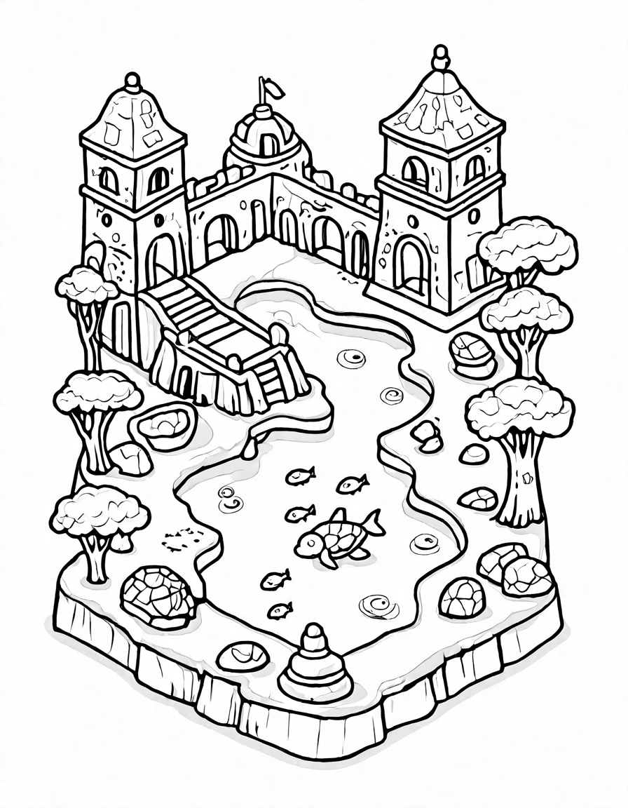 underwater cityscape coloring page with ancient ruins, intricate carvings, sea turtles, and darting fish in black and white
