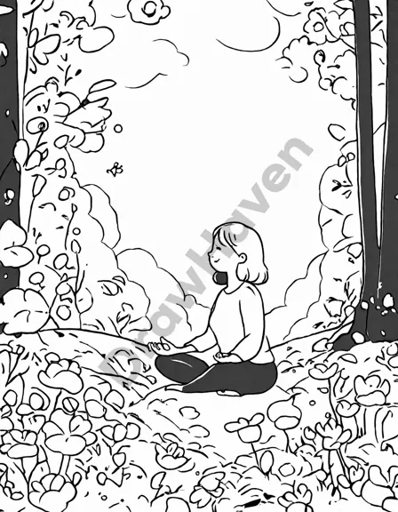 sunrise serenity: a yoga sequence coloring book illustration of a peaceful yogi in a forest clearing at dawn in black and white