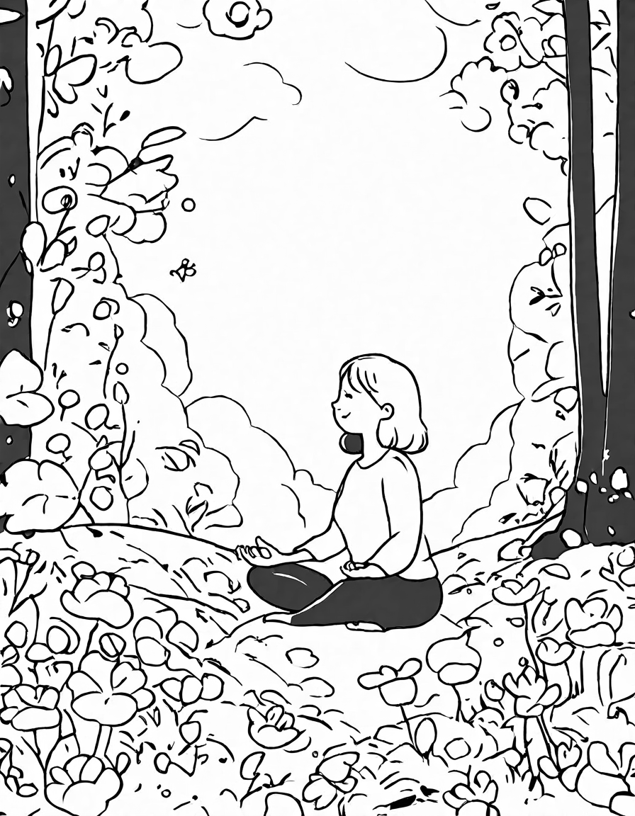 sunrise serenity: a yoga sequence coloring book illustration of a peaceful yogi in a forest clearing at dawn in black and white