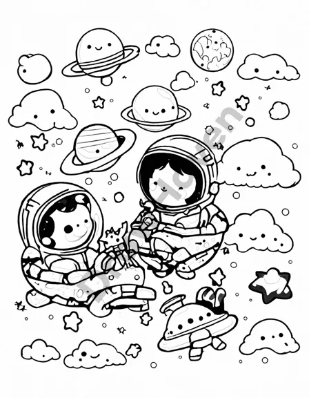 solar system coloring page for cosmic wanderers, featuring planets, stars, and galaxies in black and white