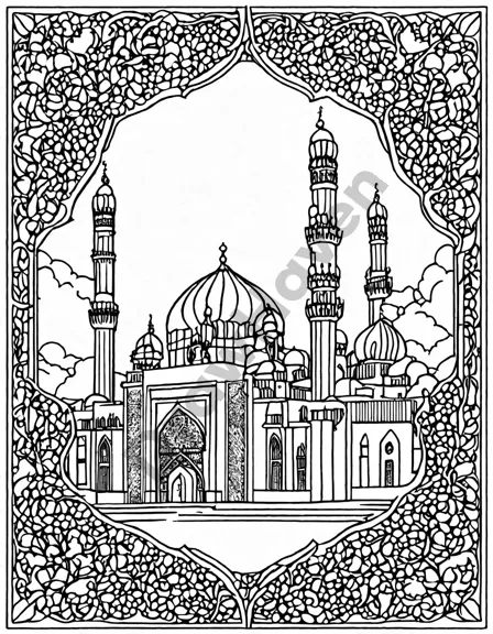 islamic mosque coloring book page with intricate geometric patterns, minarets, and calligraphy, inviting detailed coloring for art enthusiasts in black and white