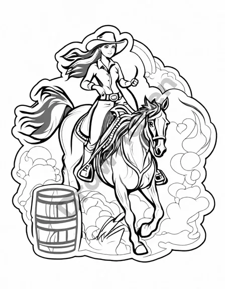 coloring book page of cowboys and cowgirls in a barrel racing event at a rodeo, awaiting coloring in black and white