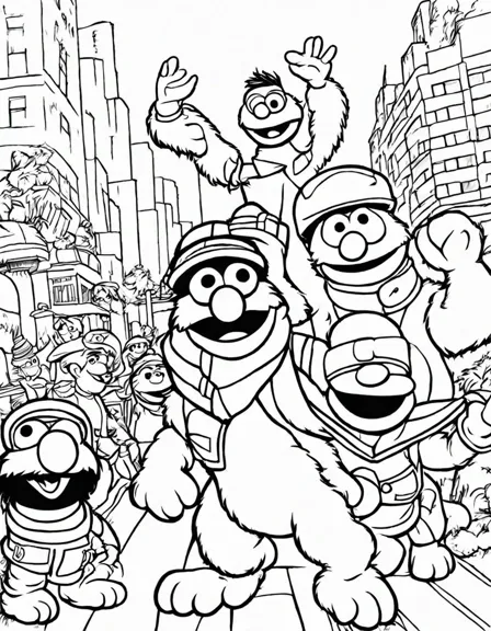 Coloring book image of grover leads a vibrant parade of sesame street characters in colorful superhero costumes in black and white