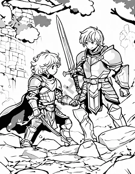 Coloring book image of valiant knight battles shadow knight on crumbling bridge in a medieval fantasy scene in black and white