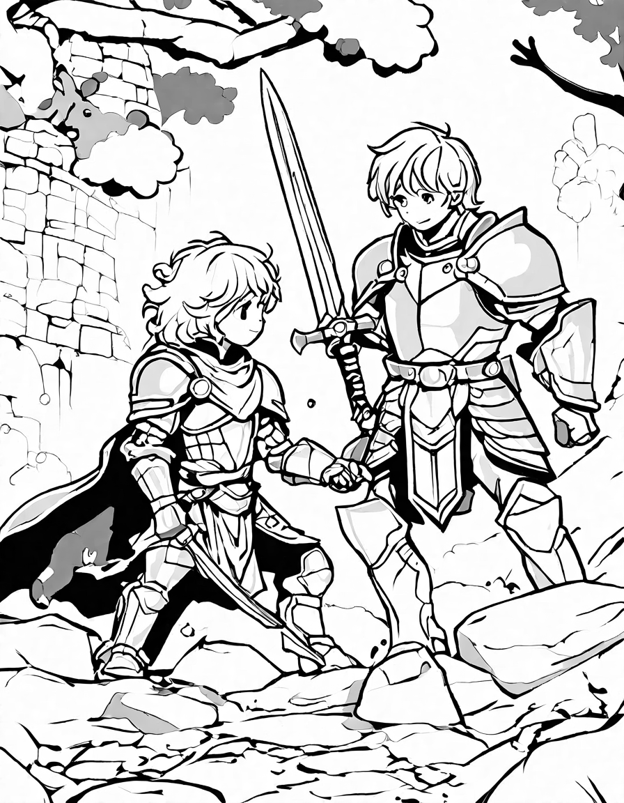 Coloring book image of valiant knight battles shadow knight on crumbling bridge in a medieval fantasy scene in black and white