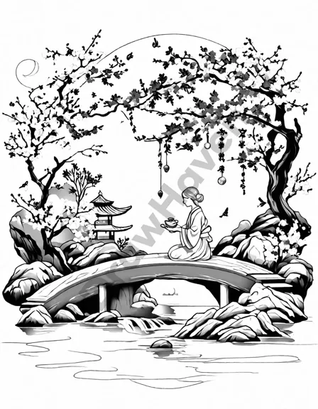japanese tea ceremony coloring page featuring tea set on wooden table in serene garden setting, ideal for relaxation and mindfulness in black and white
