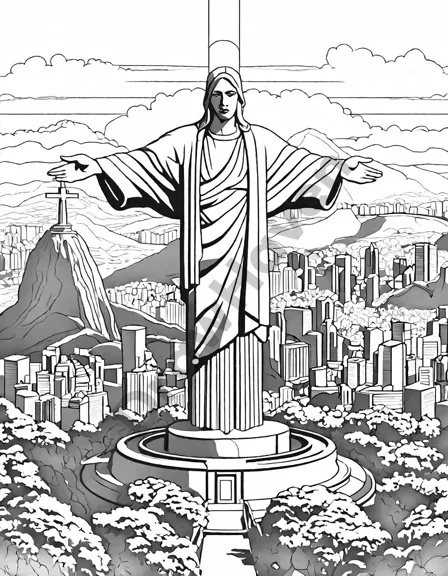 captivating christ the redeemer coloring page featuring intricate details of the statue and the rio de janeiro cityscape in black and white