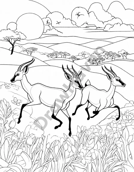 Coloring book image of gazelles leaping over savannah grass, showcasing their elegance and strength in their natural habitat in black and white