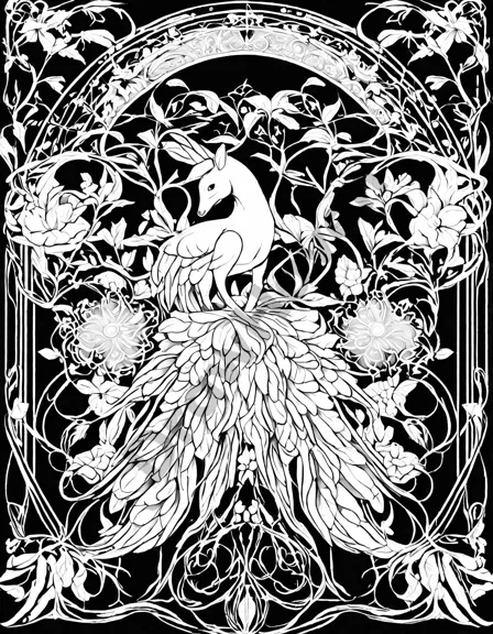 intricate art nouveau coloring page with graceful curves, stylized animals, and flowing patterns, reminiscent of mucha and klimt's works in black and white