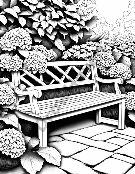Coloring book image of rustic wooden bench in tranquil garden surrounded by ombre hydrangeas under an ivy-covered lattice in black and white